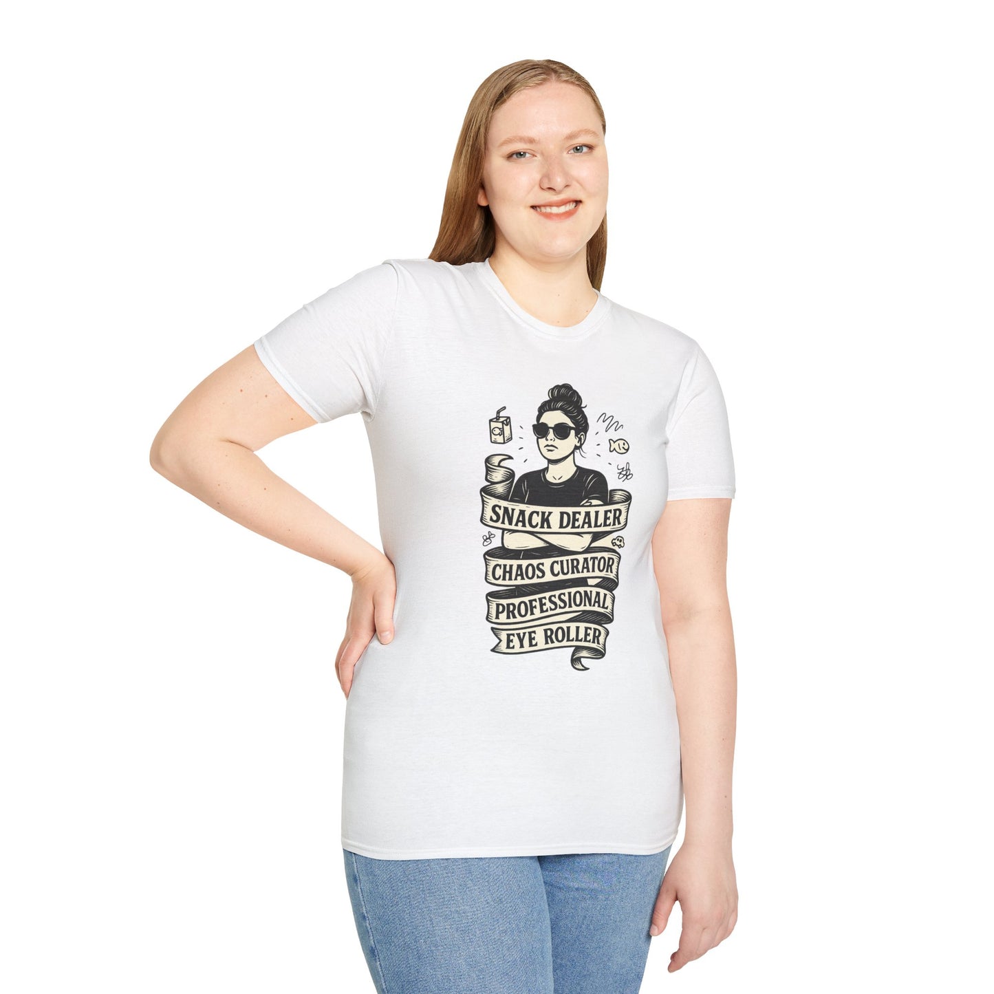 Snack Dealer. Chaos Curator. Professional Eye Roller | Savage Mom Tattoo Tee