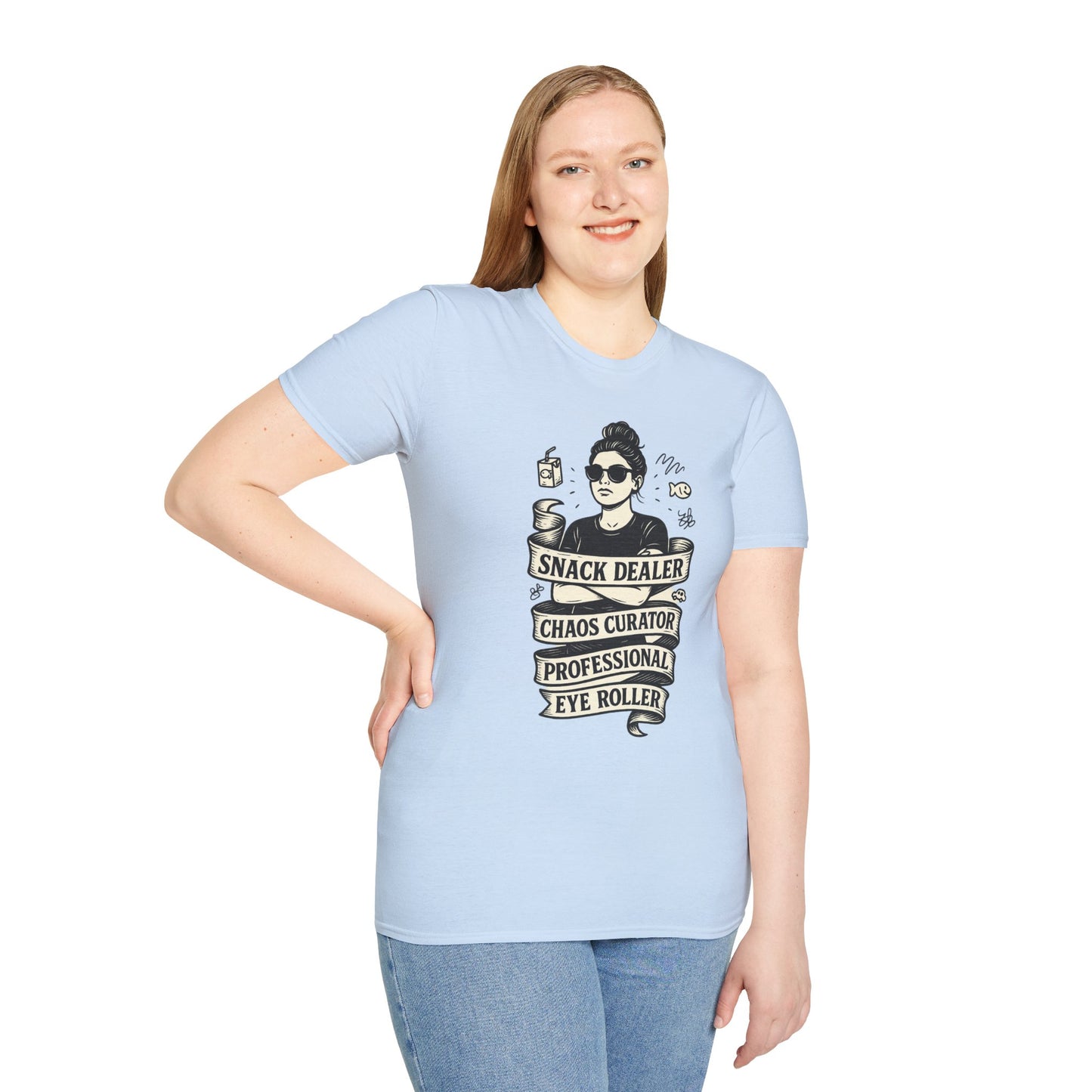 Snack Dealer. Chaos Curator. Professional Eye Roller | Savage Mom Tattoo Tee