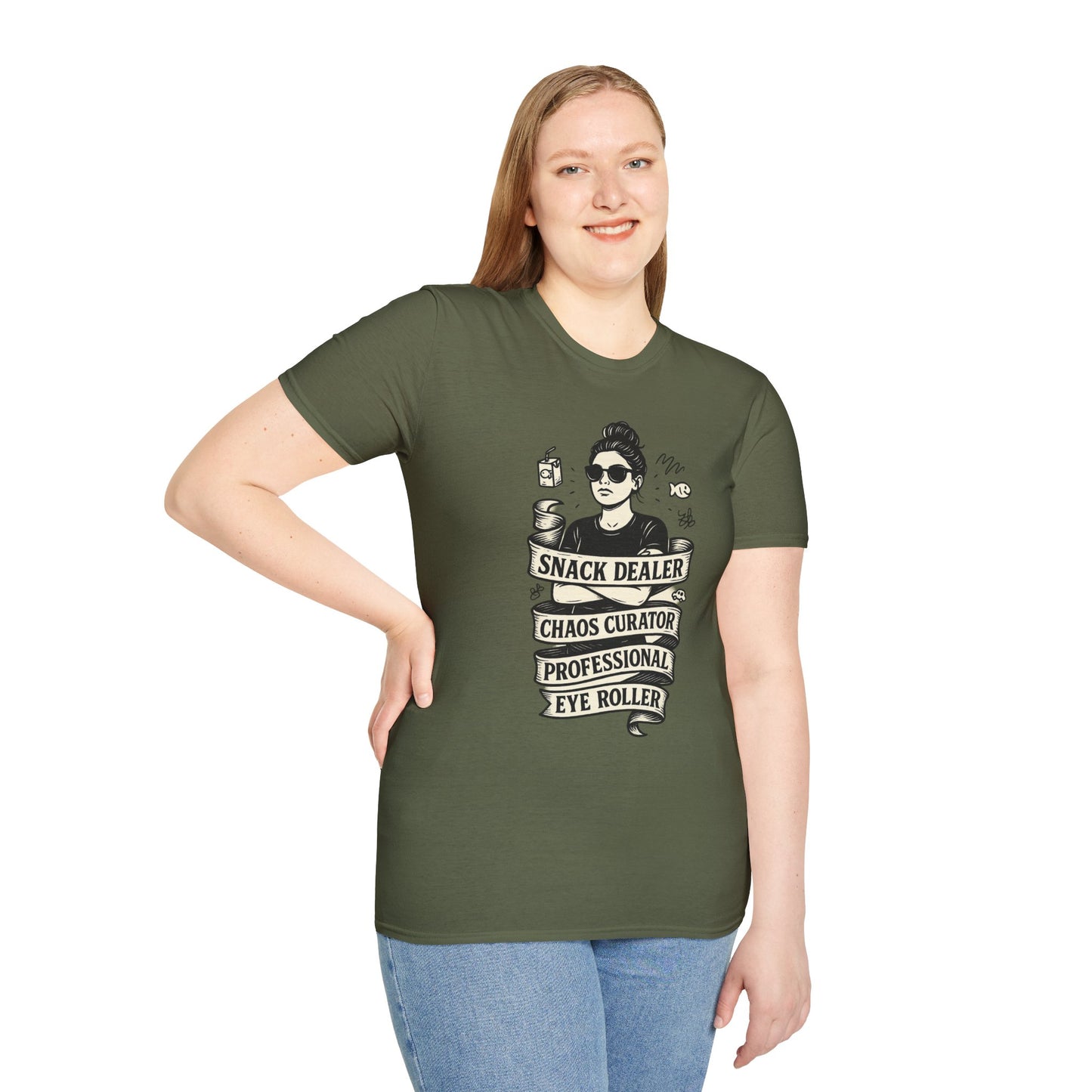 Snack Dealer. Chaos Curator. Professional Eye Roller | Savage Mom Tattoo Tee