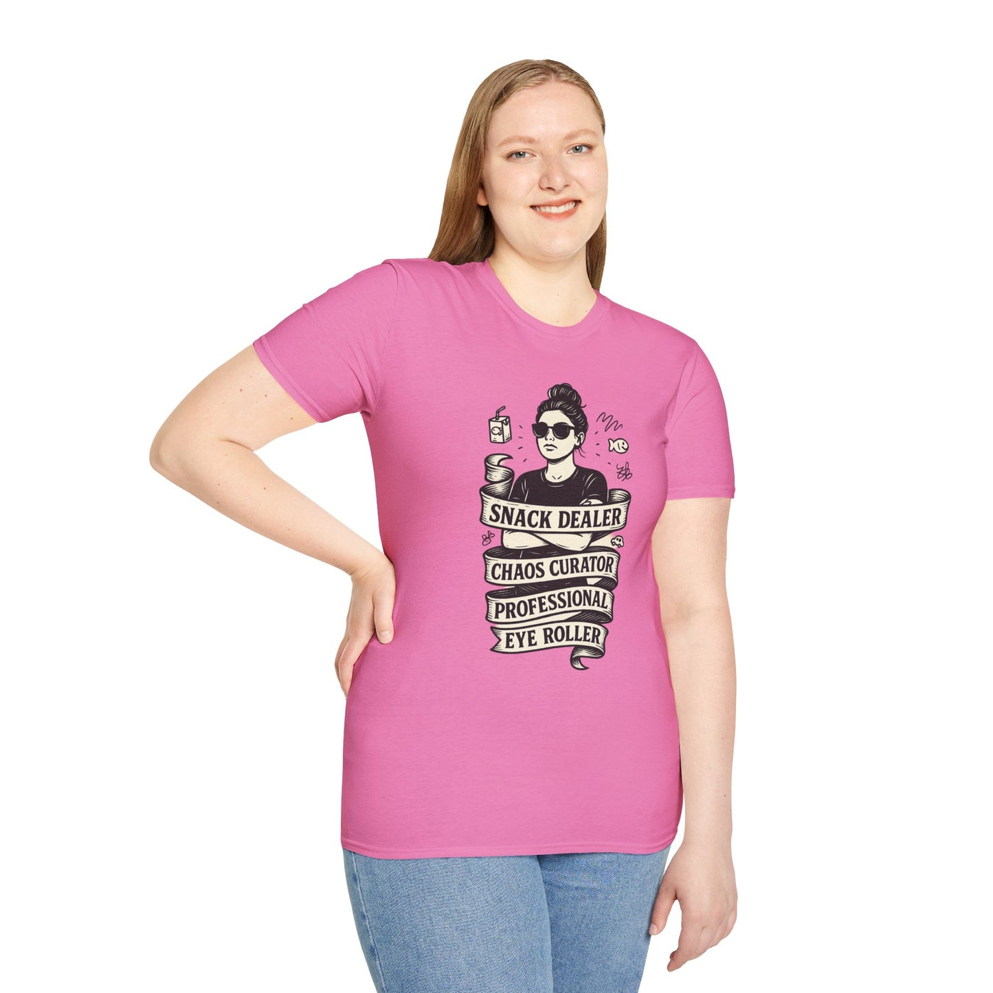 Snack Dealer. Chaos Curator. Professional Eye Roller | Savage Mom Tattoo Tee