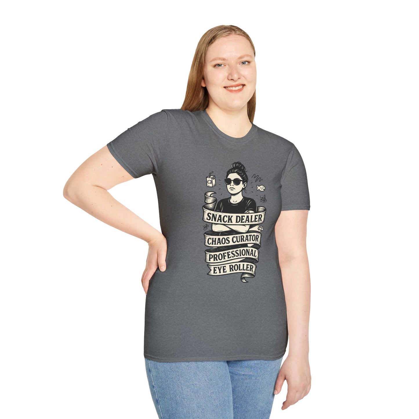 Snack Dealer. Chaos Curator. Professional Eye Roller | Savage Mom Tattoo Tee
