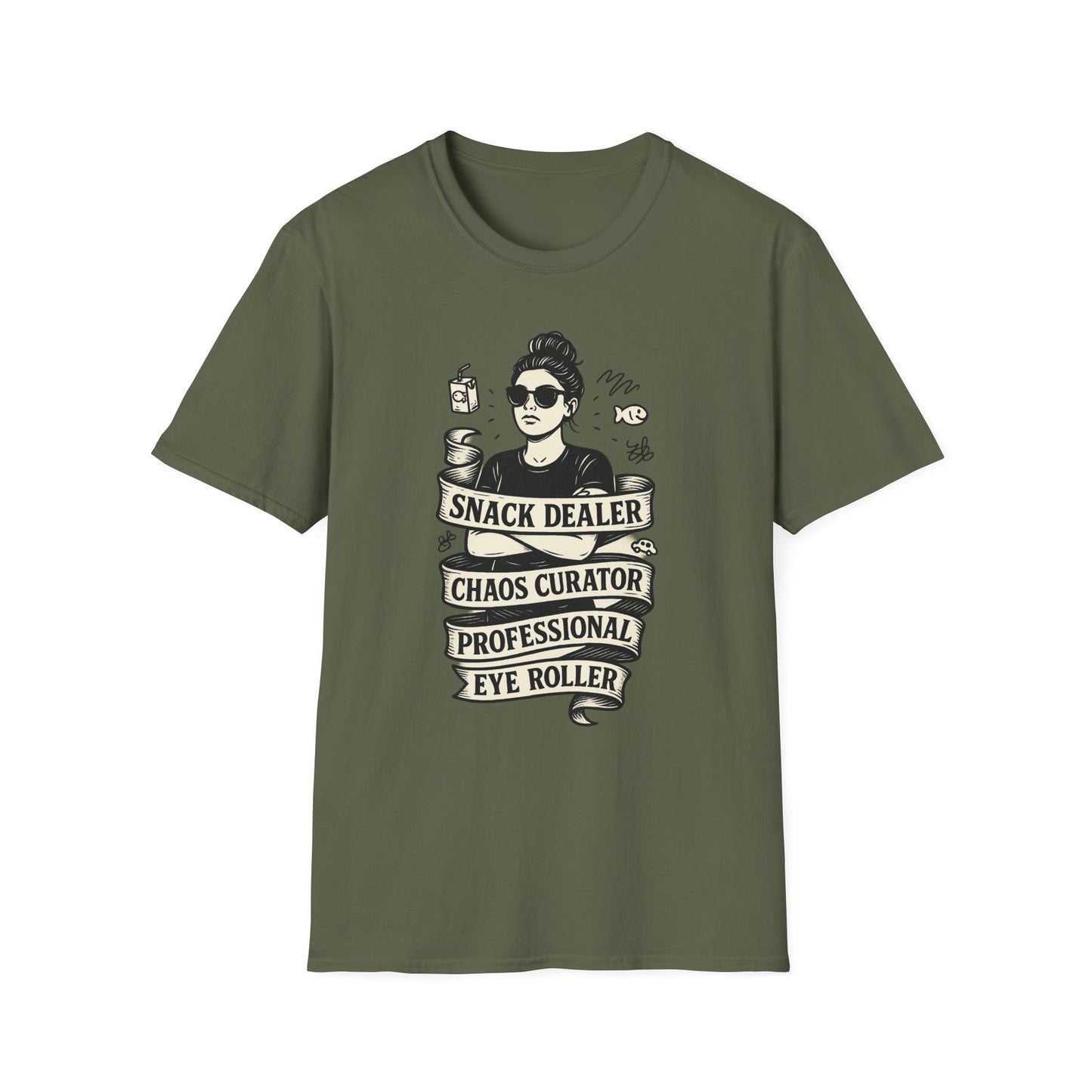 Snack Dealer. Chaos Curator. Professional Eye Roller | Savage Mom Tattoo Tee