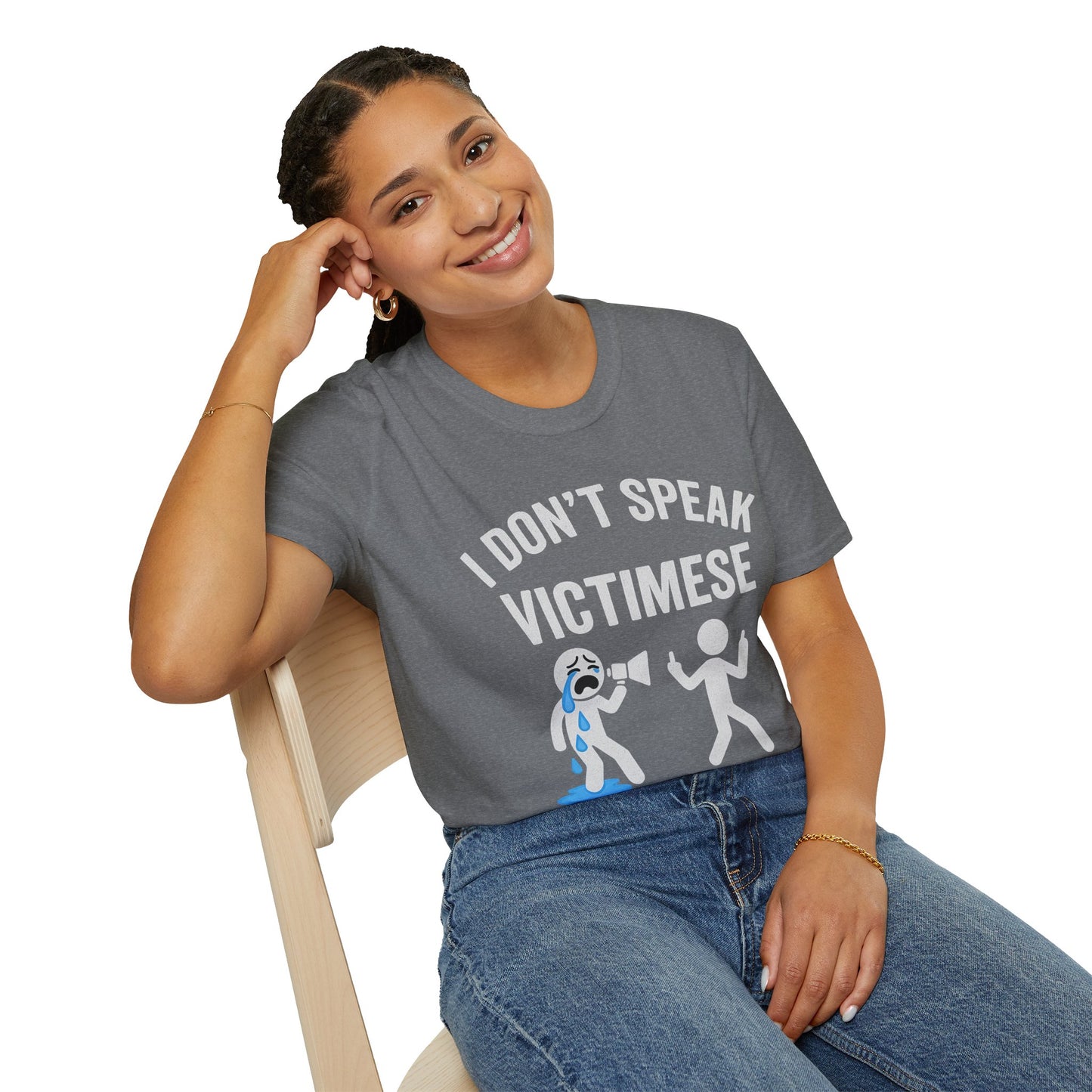 Funny Graphic Tee, I Don't Speak Victimese T-Shirt, Casual Wear, Gift for Friends, Humor Apparel, Unisex Softstyle Shirt